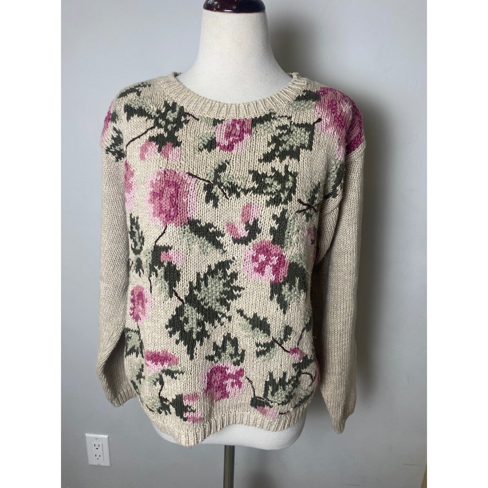 Chrysantheme Vintage 90s Hand Knitted Floral Sweater Ramie Cotton Pink Beige M